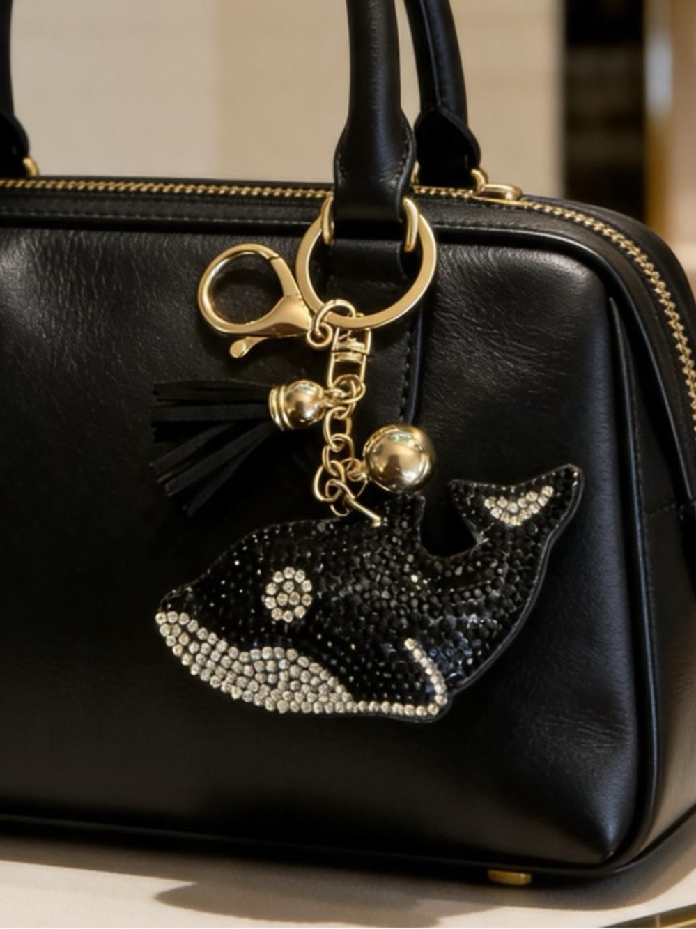 Black Crystal Whale Keychain Bag Charm
